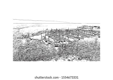Building view with landmark of Ajaccio is the capital of Corsica, a French island in the Mediterranean Sea. Hand drawn sketch illustration in vector.