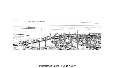 Building view with landmark of Ajaccio is the capital of Corsica, a French island in the Mediterranean Sea. Hand drawn sketch illustration in vector.