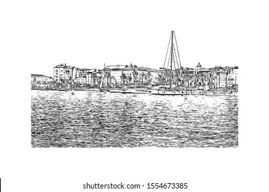 Building view with landmark of Ajaccio is the capital of Corsica, a French island in the Mediterranean Sea. Hand drawn sketch illustration in vector.
