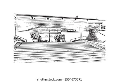 Building view with landmark of Ajaccio is the capital of Corsica, a French island in the Mediterranean Sea. Hand drawn sketch illustration in vector.