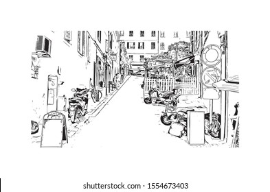 Building view with landmark of Ajaccio is the capital of Corsica, a French island in the Mediterranean Sea. Hand drawn sketch illustration in vector.