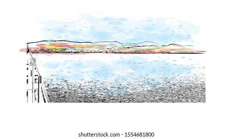 Building view with landmark of Ajaccio is the capital of Corsica, a French island in the Mediterranean Sea. Watercolor splash with Hand drawn sketch illustration in vector.