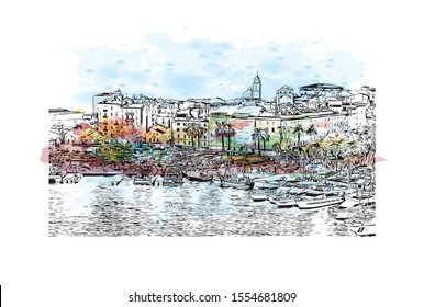 Building view with landmark of Ajaccio is the capital of Corsica, a French island in the Mediterranean Sea. Watercolor splash with Hand drawn sketch illustration in vector.