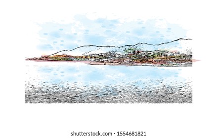 Building view with landmark of Ajaccio is the capital of Corsica, a French island in the Mediterranean Sea. Watercolor splash with Hand drawn sketch illustration in vector.