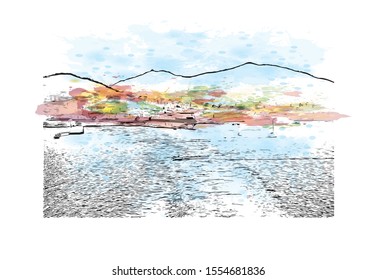 Building view with landmark of Ajaccio is the capital of Corsica, a French island in the Mediterranean Sea. Watercolor splash with Hand drawn sketch illustration in vector.