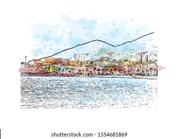 Building view with landmark of Ajaccio is the capital of Corsica, a French island in the Mediterranean Sea. Watercolor splash with Hand drawn sketch illustration in vector.