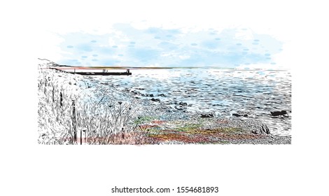 Building view with landmark of Ajaccio is the capital of Corsica, a French island in the Mediterranean Sea. Watercolor splash with Hand drawn sketch illustration in vector.