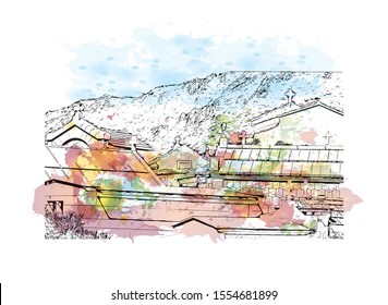 Building view with landmark of Ajaccio is the capital of Corsica, a French island in the Mediterranean Sea. Watercolor splash with Hand drawn sketch illustration in vector.