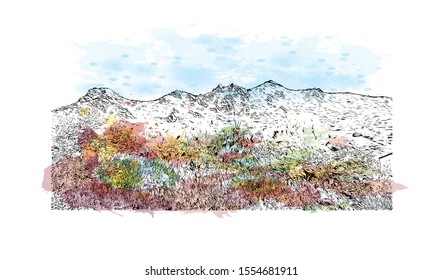 Building view with landmark of Ajaccio is the capital of Corsica, a French island in the Mediterranean Sea. Watercolor splash with Hand drawn sketch illustration in vector.