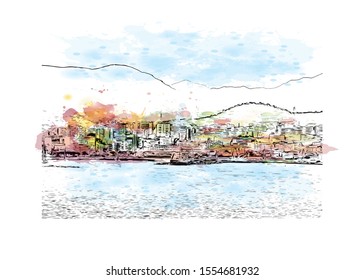 Building view with landmark of Ajaccio is the capital of Corsica, a French island in the Mediterranean Sea. Watercolor splash with Hand drawn sketch illustration in vector.
