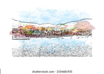 Building view with landmark of Ajaccio is the capital of Corsica, a French island in the Mediterranean Sea. Watercolor splash with Hand drawn sketch illustration in vector.