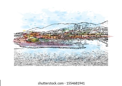 Building view with landmark of Ajaccio is the capital of Corsica, a French island in the Mediterranean Sea. Watercolor splash with Hand drawn sketch illustration in vector.