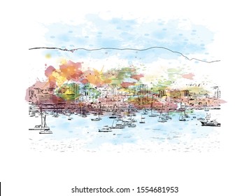 Building view with landmark of Ajaccio is the capital of Corsica, a French island in the Mediterranean Sea. Watercolor splash with Hand drawn sketch illustration in vector.