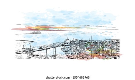 Building view with landmark of Ajaccio is the capital of Corsica, a French island in the Mediterranean Sea. Watercolor splash with Hand drawn sketch illustration in vector.