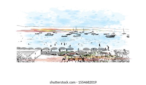 Building view with landmark of Ajaccio is the capital of Corsica, a French island in the Mediterranean Sea. Watercolor splash with Hand drawn sketch illustration in vector.