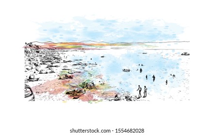 Building view with landmark of Ajaccio is the capital of Corsica, a French island in the Mediterranean Sea. Watercolor splash with Hand drawn sketch illustration in vector.