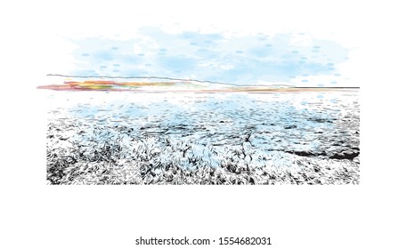 Building view with landmark of Ajaccio is the capital of Corsica, a French island in the Mediterranean Sea. Watercolor splash with Hand drawn sketch illustration in vector.