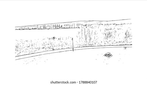 Building view with landmark of Ajax is a town in Durham Region in Southern Ontario, Canada. Hand drawn sketch illustration in vector.
