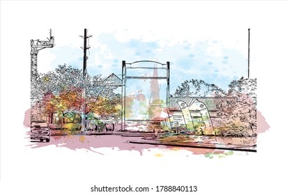 Building view with landmark of Ajax is a town in Durham Region in Southern Ontario, Canada. Watercolor splash with hand drawn sketch illustration in vector.