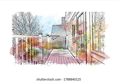 Building view with landmark of Ajax is a town in Durham Region in Southern Ontario, Canada. Watercolor splash with hand drawn sketch illustration in vector.