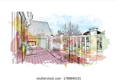 Building view with landmark of Ajax is a town in Durham Region in Southern Ontario, Canada. Watercolor splash with hand drawn sketch illustration in vector.