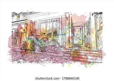 Building view with landmark of Ajax is a town in Durham Region in Southern Ontario, Canada. Watercolor splash with hand drawn sketch illustration in vector.