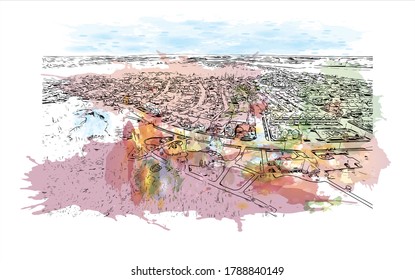 Building view with landmark of Ajax is a town in Durham Region in Southern Ontario, Canada. Watercolor splash with hand drawn sketch illustration in vector.