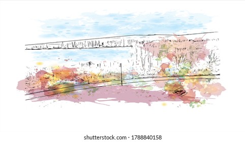 Building view with landmark of Ajax is a town in Durham Region in Southern Ontario, Canada. Watercolor splash with hand drawn sketch illustration in vector.
