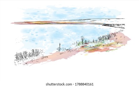 Building view with landmark of Ajax is a town in Durham Region in Southern Ontario, Canada. Watercolor splash with hand drawn sketch illustration in vector.