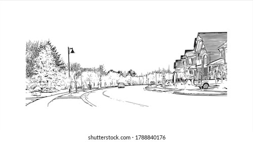 Building view with landmark of Ajax is a town in Durham Region in Southern Ontario, Canada. Hand drawn sketch illustration in vector.