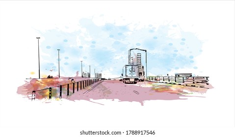 Building view with landmark of Ajman is the capital of the emirate of Ajman in the United Arab Emirates. Watercolor splash with hand drawn sketch illustration in vector.