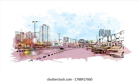 Building view with landmark of Ajman is the capital of the emirate of Ajman in the United Arab Emirates. Watercolor splash with hand drawn sketch illustration in vector.