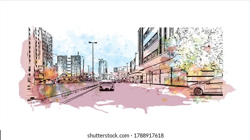 Construir vistas con un punto de referencia de Ajman es la capital del emirato de Ajman en los Emiratos Árabes Unidos. Salto de color de agua con ilustración de esbozo dibujada a mano en vector.