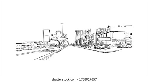 Building view with landmark of Ajman is the capital of the emirate of Ajman in the United Arab Emirates. Hand drawn sketch illustration in vector.