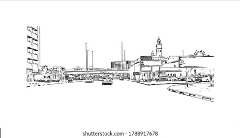 Building view with landmark of Ajman is the capital of the emirate of Ajman in the United Arab Emirates. Hand drawn sketch illustration in vector.