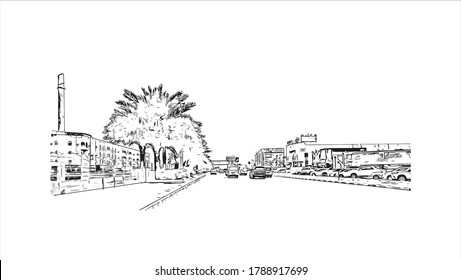 Building view with landmark of Ajman is the capital of the emirate of Ajman in the United Arab Emirates. Hand drawn sketch illustration in vector.