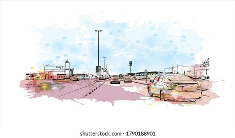 Building view with landmark of Ajman is the capital of the emirate of Ajman in the United Arab Emirates. Watercolor splash with  hand drawn sketch illustration in vector.