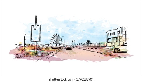 Building view with landmark of Ajman is the capital of the emirate of Ajman in the United Arab Emirates. Watercolor splash with  hand drawn sketch illustration in vector.