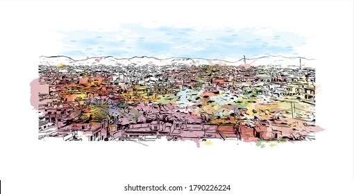 Building view with landmark of Ajmer is a city in the northern Indian state of Rajasthan. Watercolor splash with hand drawn sketch illustration in vector.