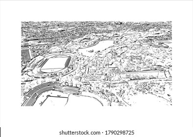 Building view with landmark of Akashi is a city on Japan’s Seto Inland Sea.  Hand drawn sketch illustration in vector.