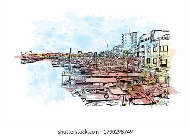 Building view with landmark of Akashi is a city on Japan’s Seto Inland Sea. Watercolor splash with   hand drawn sketch illustration in vector.