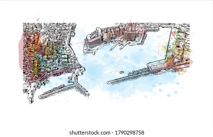 Building view with landmark of Akashi is a city on Japan’s Seto Inland Sea. Watercolor splash with   hand drawn sketch illustration in vector.