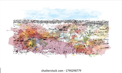 Building view with landmark of Akashi is a city on Japan’s Seto Inland Sea. Watercolor splash with   hand drawn sketch illustration in vector.
