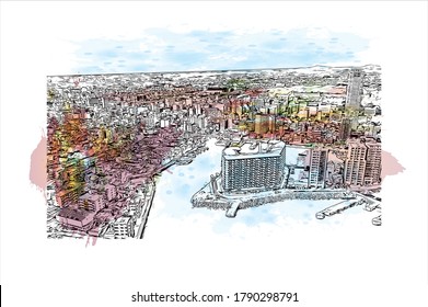 Building view with landmark of Akashi is a city on Japan’s Seto Inland Sea. Watercolor splash with   hand drawn sketch illustration in vector.