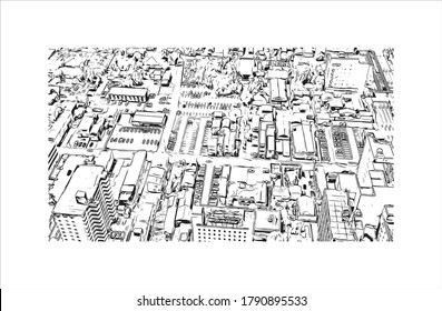 Building view with landmark of Akita is the capital city of Akita Prefecture, Japan. Hand drawn sketch illustration in vector.