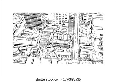 Building view with landmark of Akita is the capital city of Akita Prefecture, Japan. Hand drawn sketch illustration in vector.