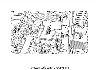 Building view with landmark of Akita is the capital city of Akita Prefecture, Japan. Hand drawn sketch illustration in vector.