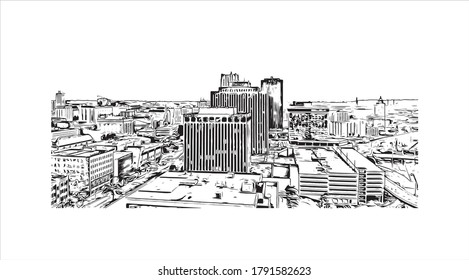 Building view with landmark of Akron is a city in Ohio. Hand drawn sketch illustration in vector.