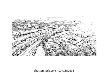 Building view with landmark of Akron is a city in Ohio. Hand drawn sketch illustration in vector.