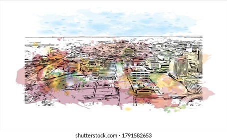 Building view with landmark of Akron is a city in Ohio. Watercolor splash with hand drawn sketch illustration in vector.